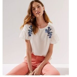 Loft Floral Embroidered Ruffle Cuff Top
